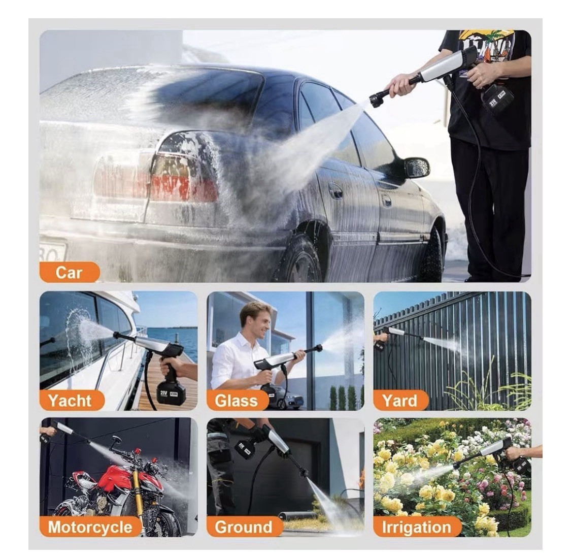 Cordless Pressure Washer 21V 1250PSI 6-in-1 Nozzle Brushless Motor Foam Cannon