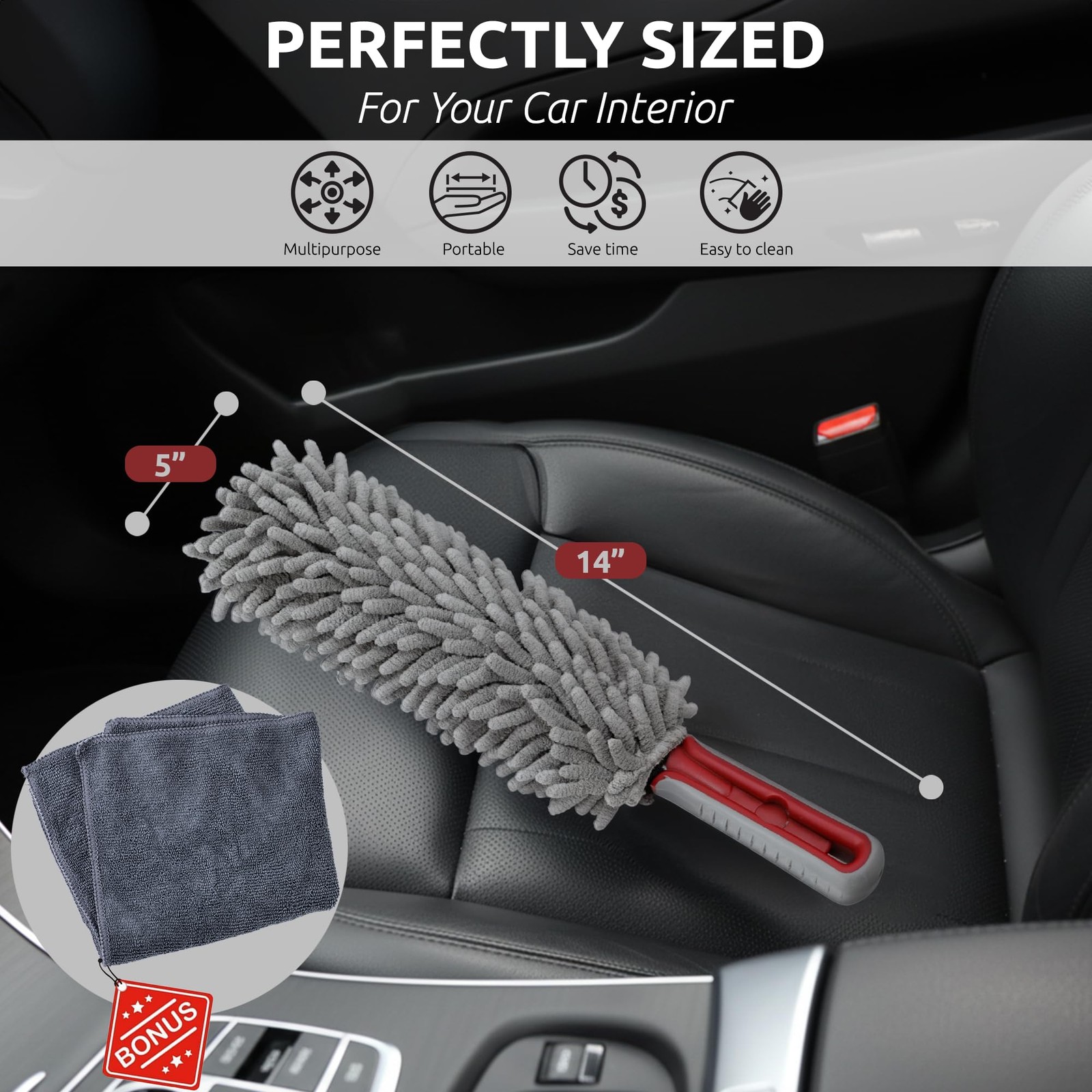 Car Duster Interior by TAKAVU, 360° Microfiber Chenille with Towel, Gray