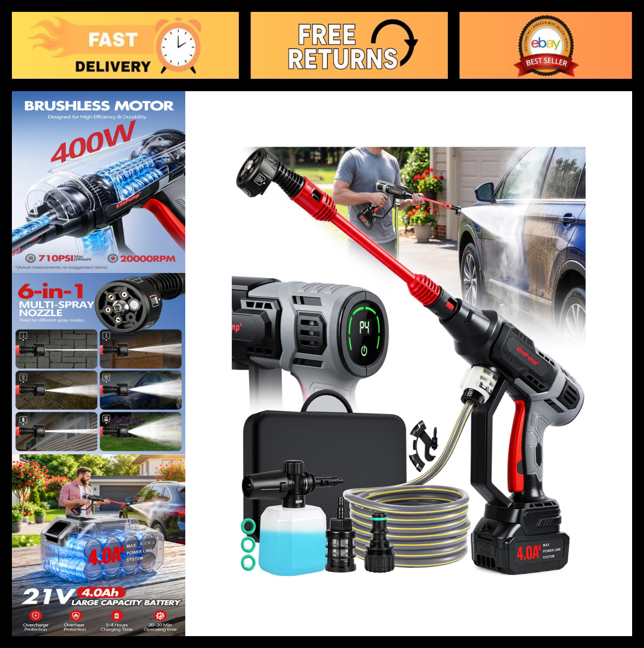 Portable Cordless Car Washer – 6-in-1 Nozzle, LCD Touch Panel, Adjustable Pressu