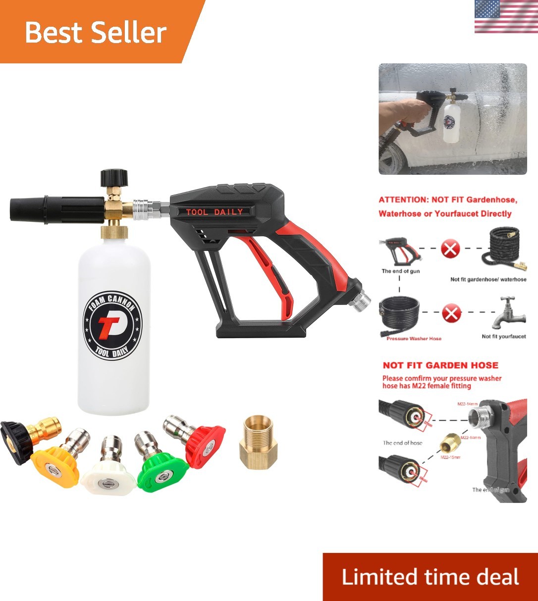 Compact Pressure Washer Foam Gun with 1/4″ Connector & 5 Interchangeable Tips