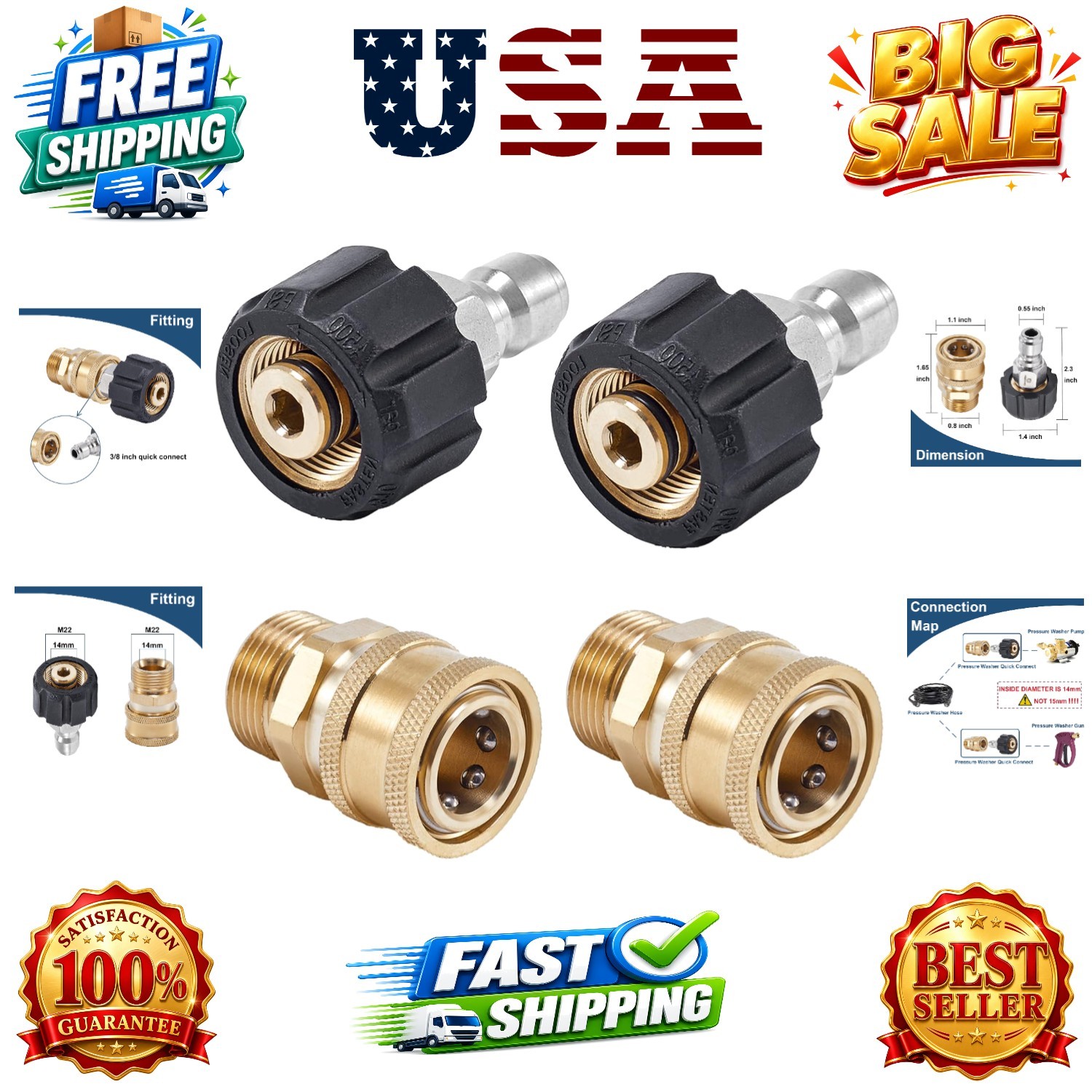 Pressure Washer Quick Connect Fittings, M22 14mm to 3/8 Inch Hose Adapter, 4 …