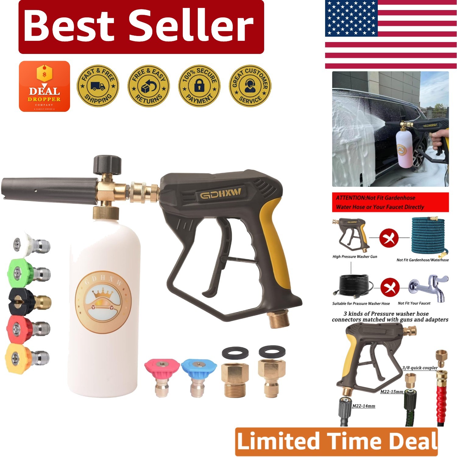 Complete X-887 High Pressure Washer Kit – Gun, Foam Cannon, 2 Adapters & Nozzles