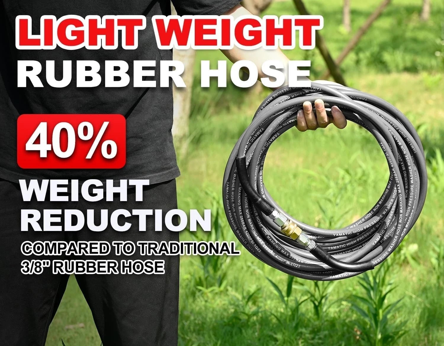 Pressure Washer Hose 50 FT Rubber Steel Wire Braided Non-Marking Cold Hot Water