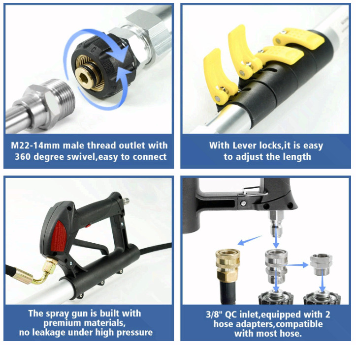 24FT Telescoping Pressure Washer Wand Kit w/Gutter Cleaner & 5 Nozzle Tips