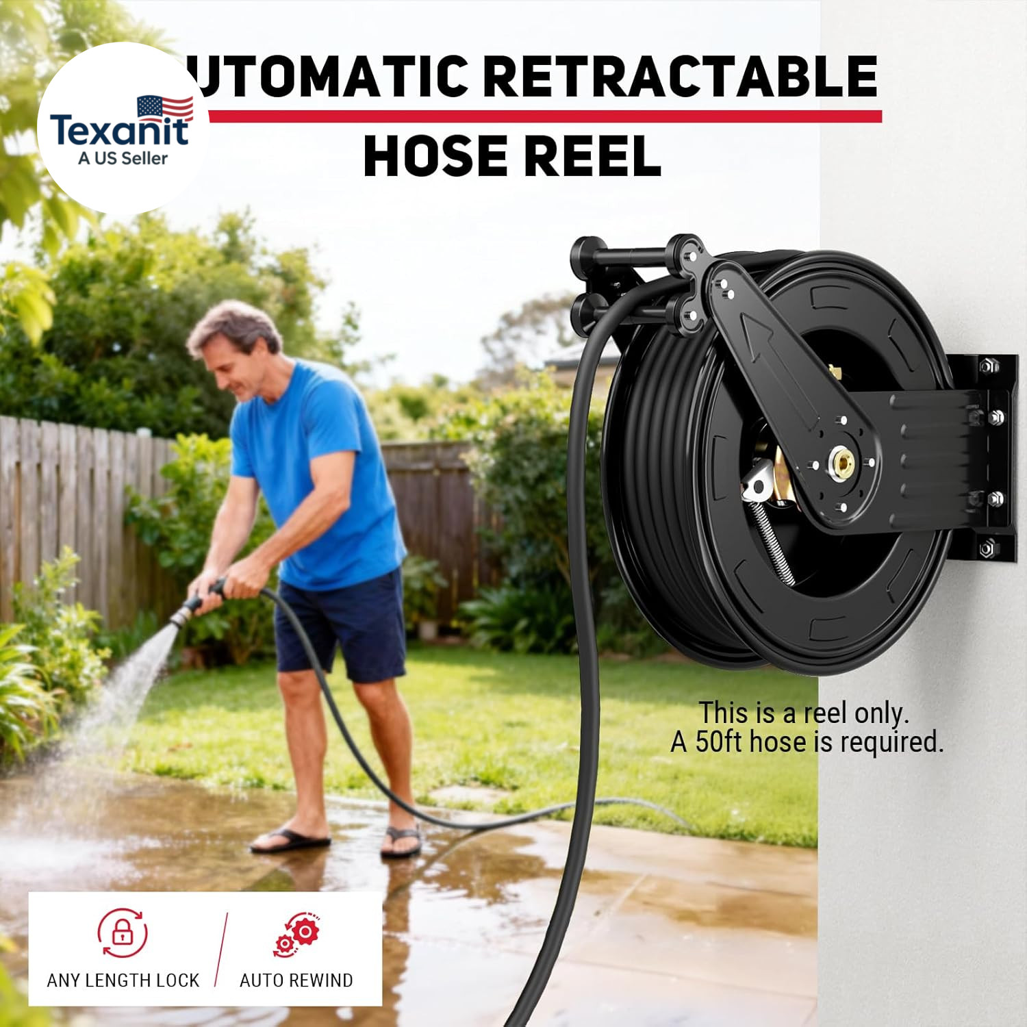 Pressure Washer Hose Reel, 3/8 in X 50 Ft Retractable Pressure Washer Reel, 4000