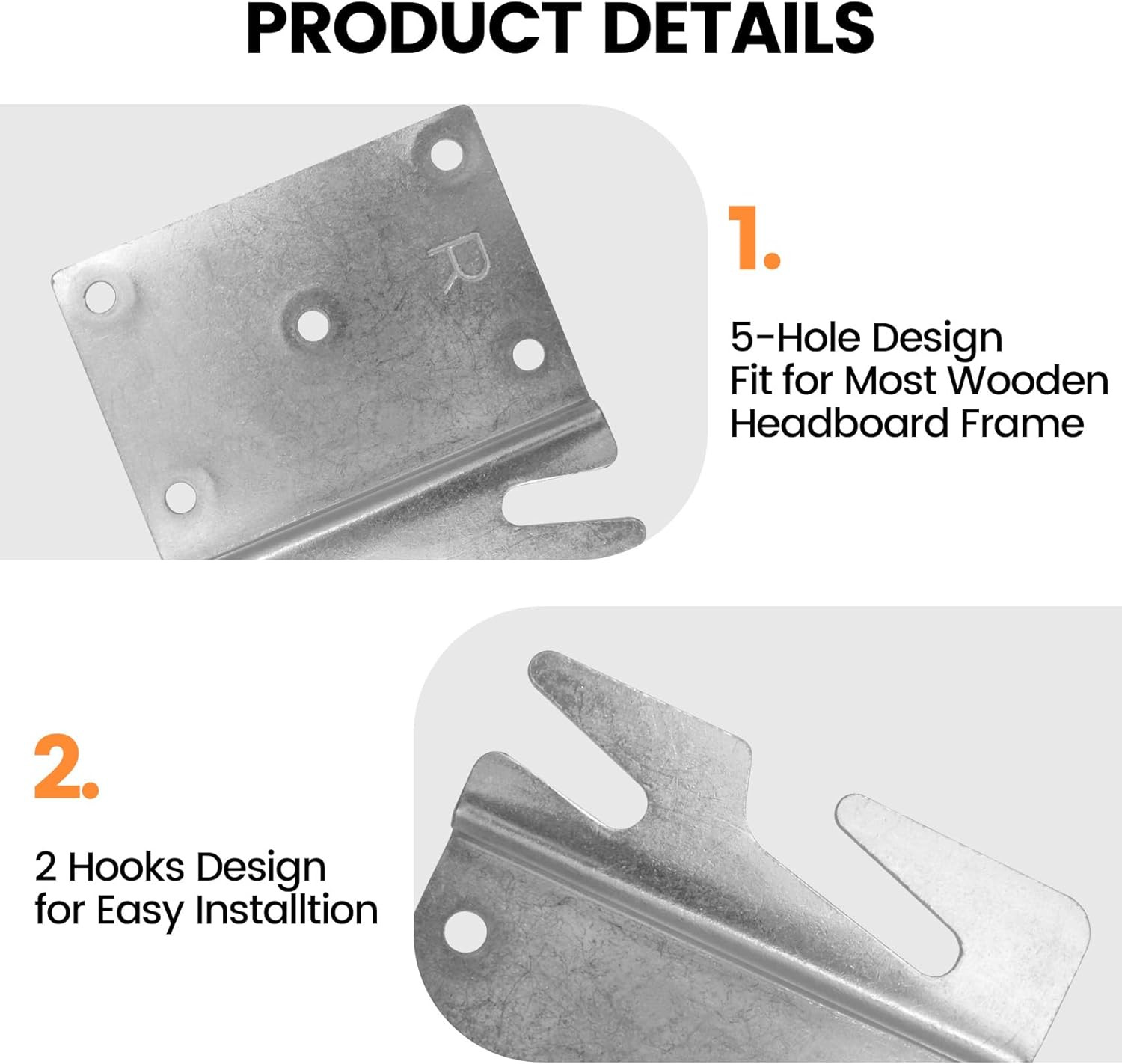 4 PCS Heavy Duty Wood Bed Rail Hook Plates with Screws for Headboard & Footboard