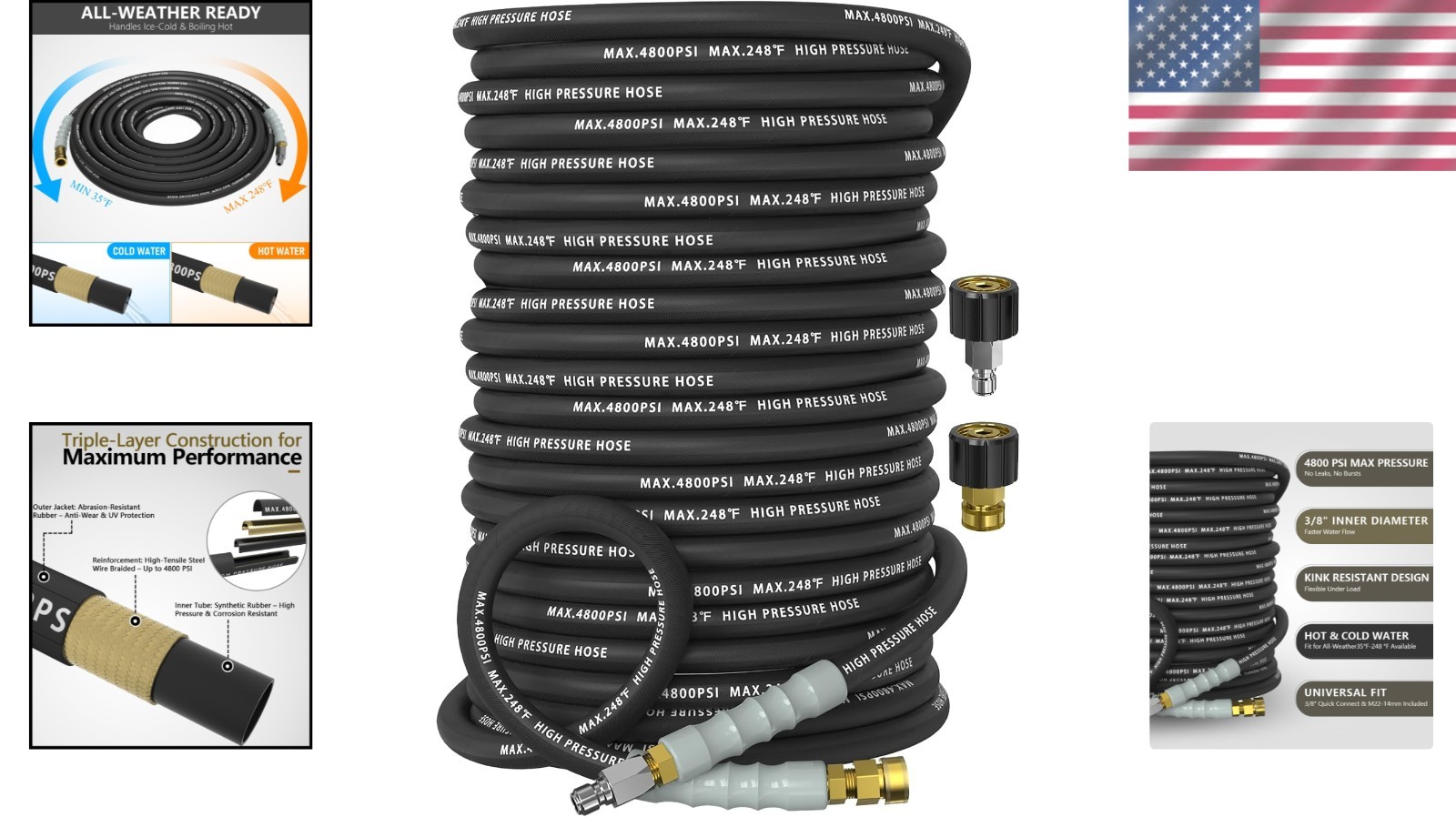 Ultra-Flexible 200FT 3/8″ High Pressure Washer Hose, 4800 PSI with M22 Fittings