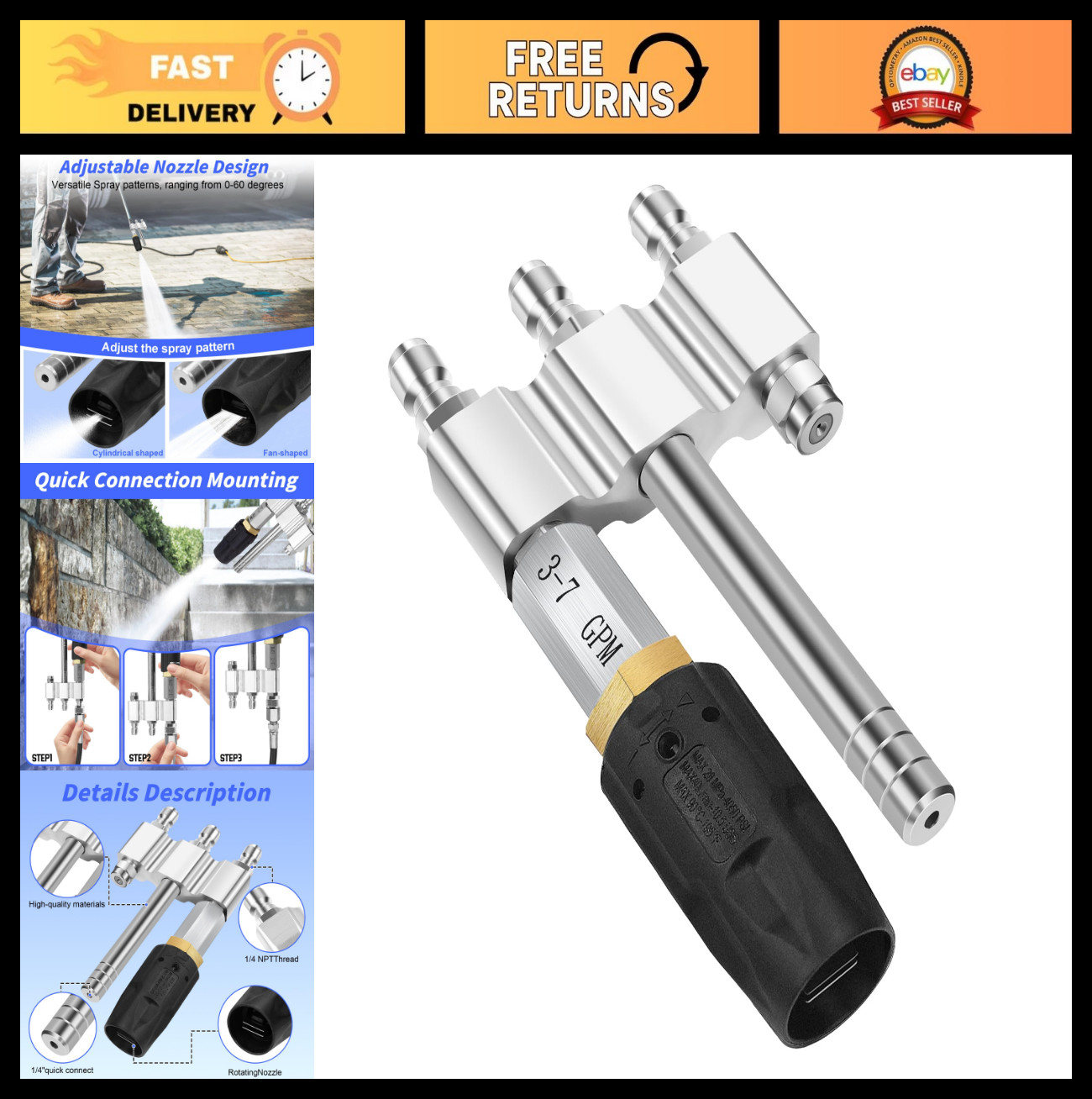 Adjustable 3-in-1 Soft Wash Nozzle, M5 Twist Tip, 1/4″ Quick Connect, 0-60° Spra