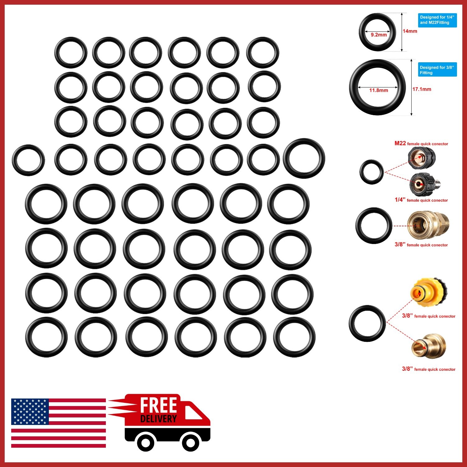 50 Pcs Black Rubber O-Rings for Pressure Washer Quick Connect Adapter Seals