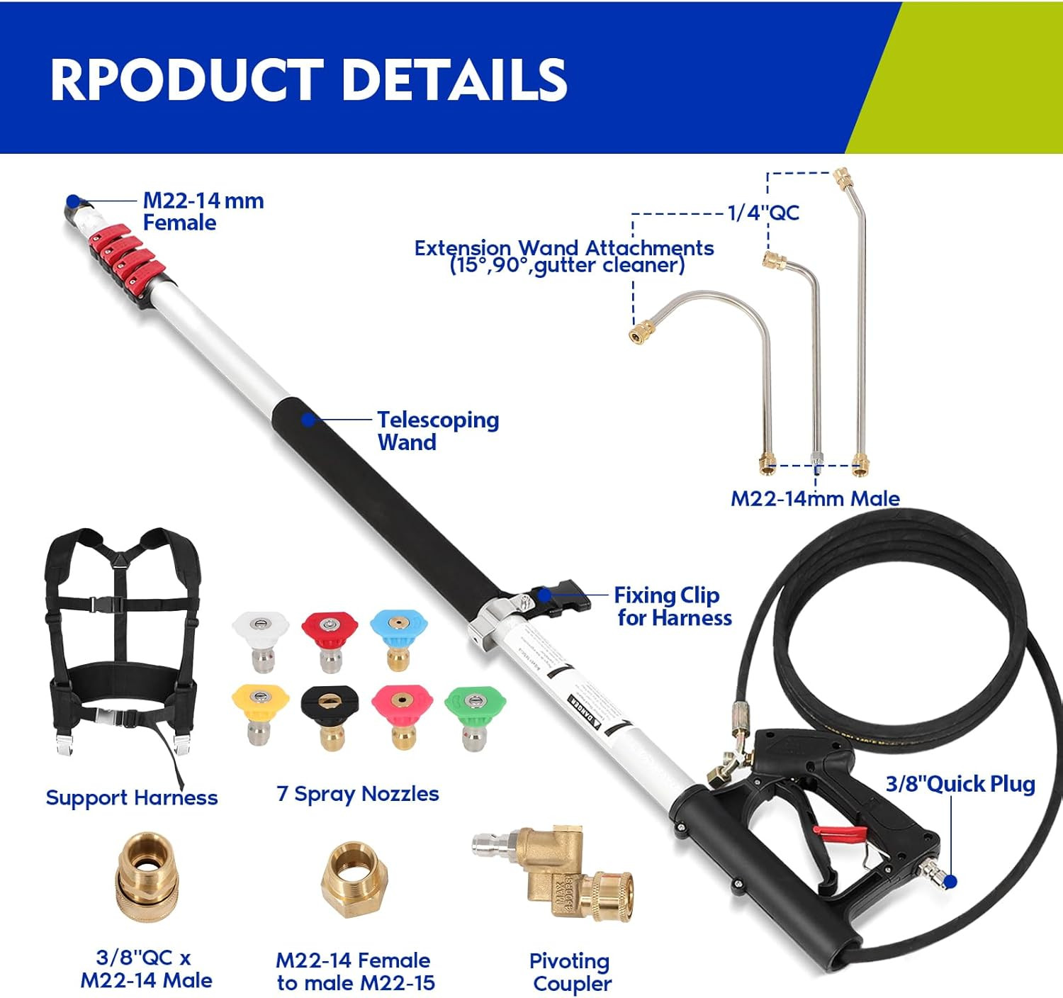 24FT Telescoping Pressure Washer Wand with 7 Nozzles & Harness, 4000 PSI