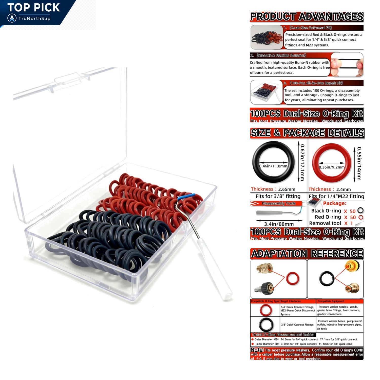 100PCS Pressure Washer O Rings Kit Fit 1/4″ & 3/8″ Quick Connect, M22 14mm Co…
