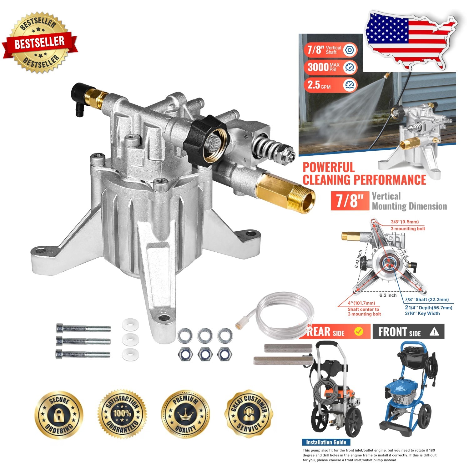 3000 PSI 2.5 GPM Pressure Washer Pump, 7/8″ Shaft, Dual Seal, Extended Durabi…