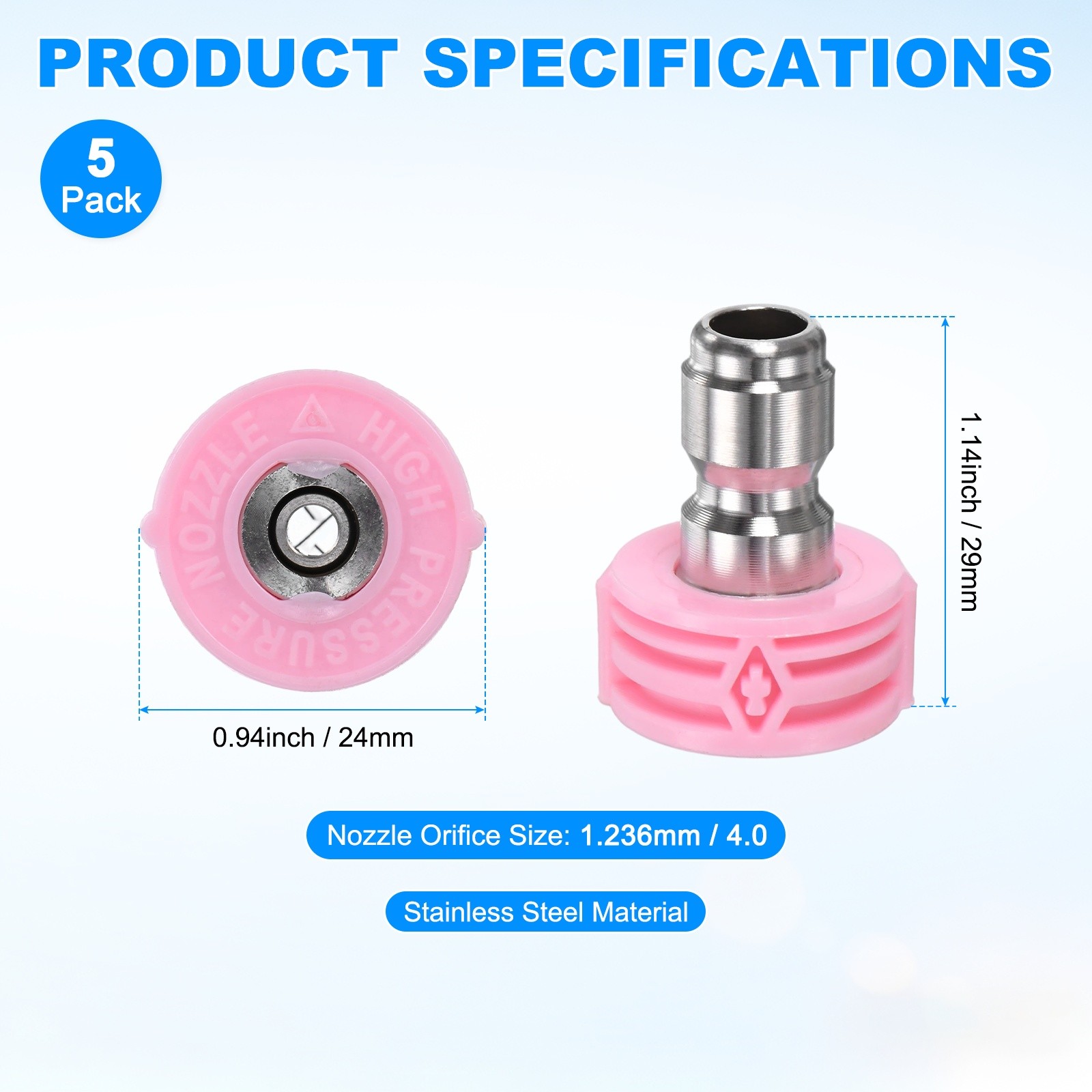 5-Pack 1/4″ Quick Connect, Orifice 4.0 Pressure Washer Tips [Pink]