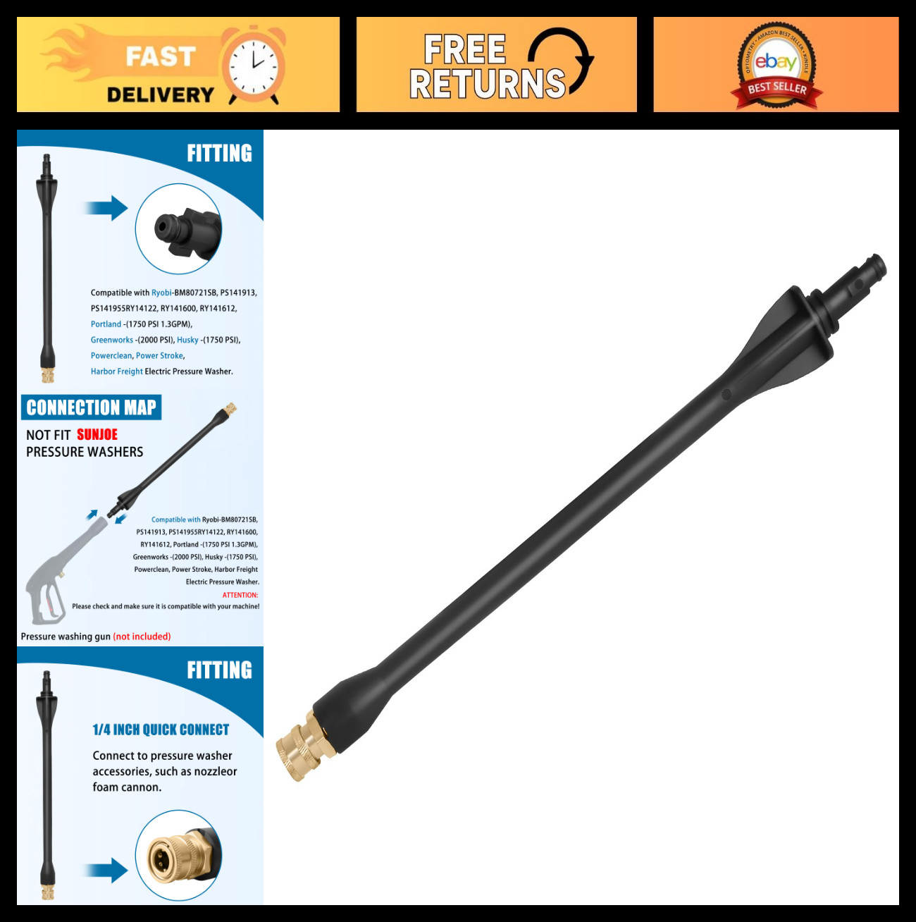 Pressure Washer Wand 308494075, 2000 PSI Gun for Ryobi, Portland, Husky Models