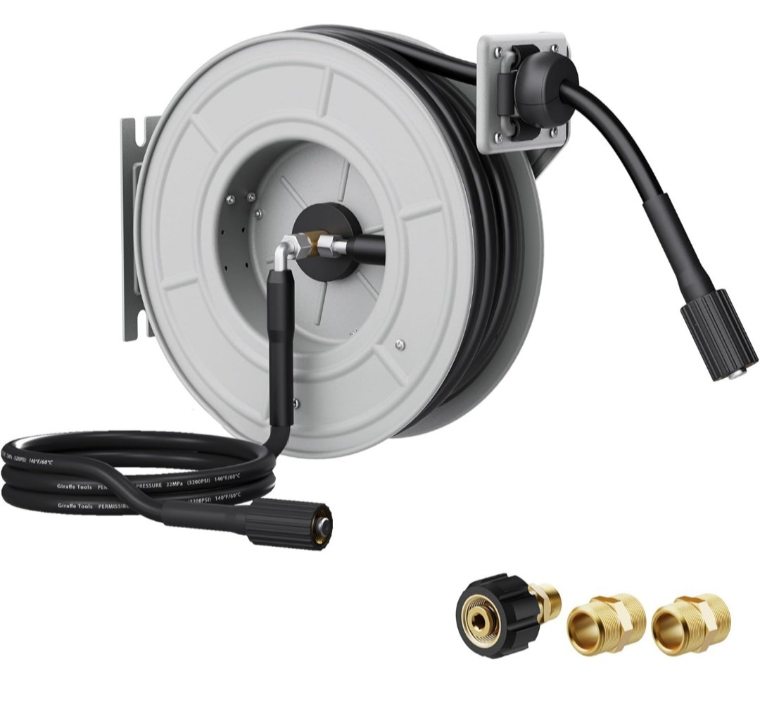Giraffe Tools 3200PSI Pressure Washer Hose Reel 1/4″ x 65 ft Retractable Hose