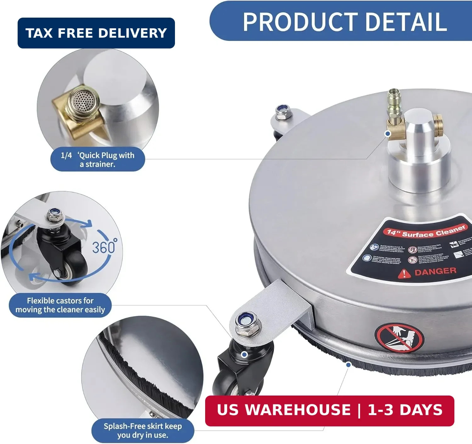 Biswing 14″ Pressure Washer Surface Cleaner with 4 Wheels, Stainless Steel Power