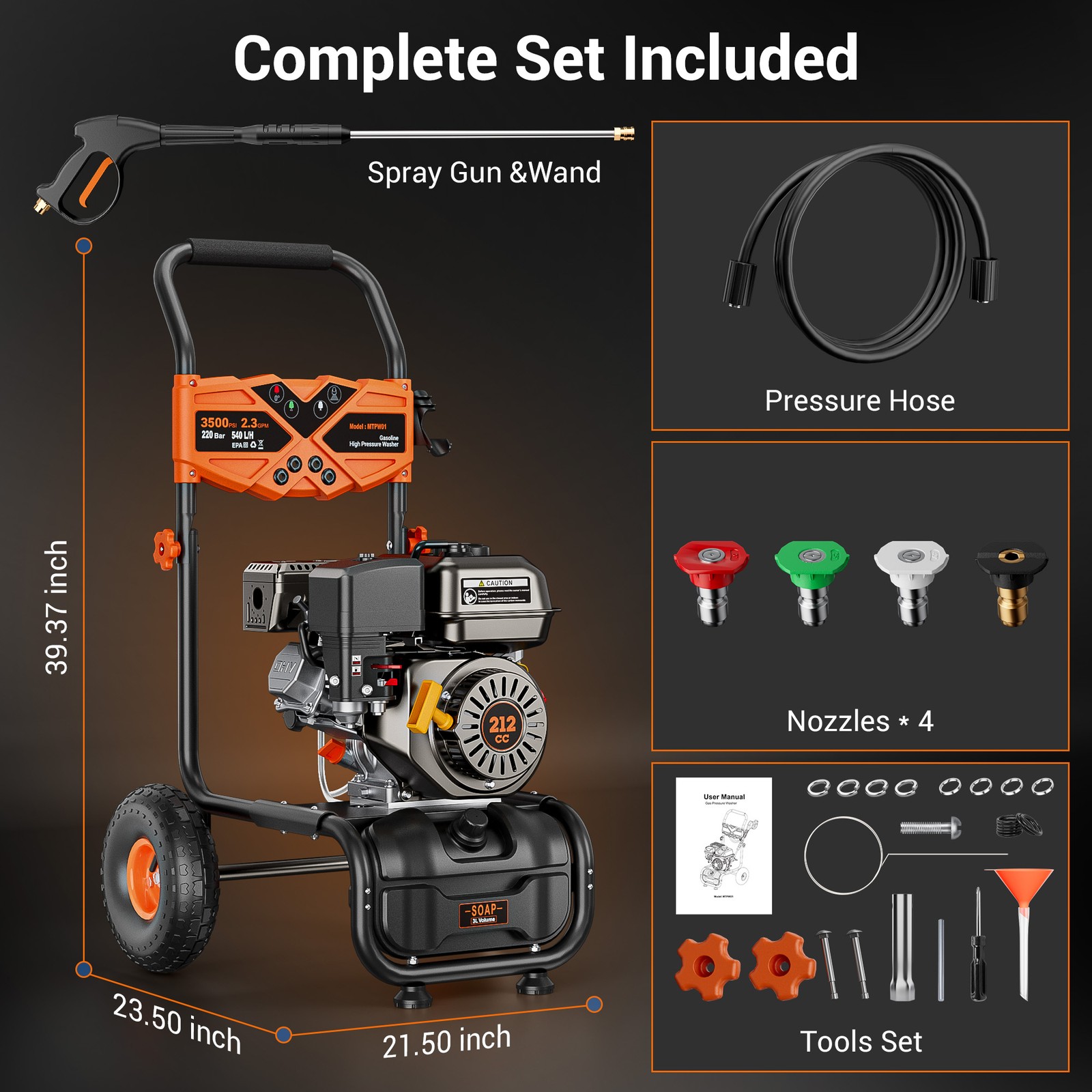 Mutaomay Gas Pressure Washer Power Washer 3500PSI 2.3GPM Soap Tank&25ft Hose