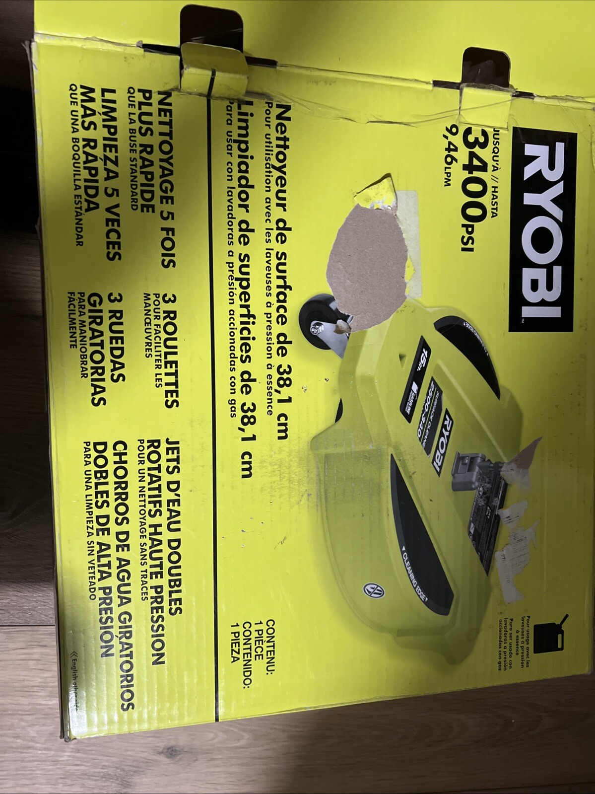 RYOBI 15 in. 3400 PSI Gas Pressure Washer Surface Cleaner with Caster Wheels