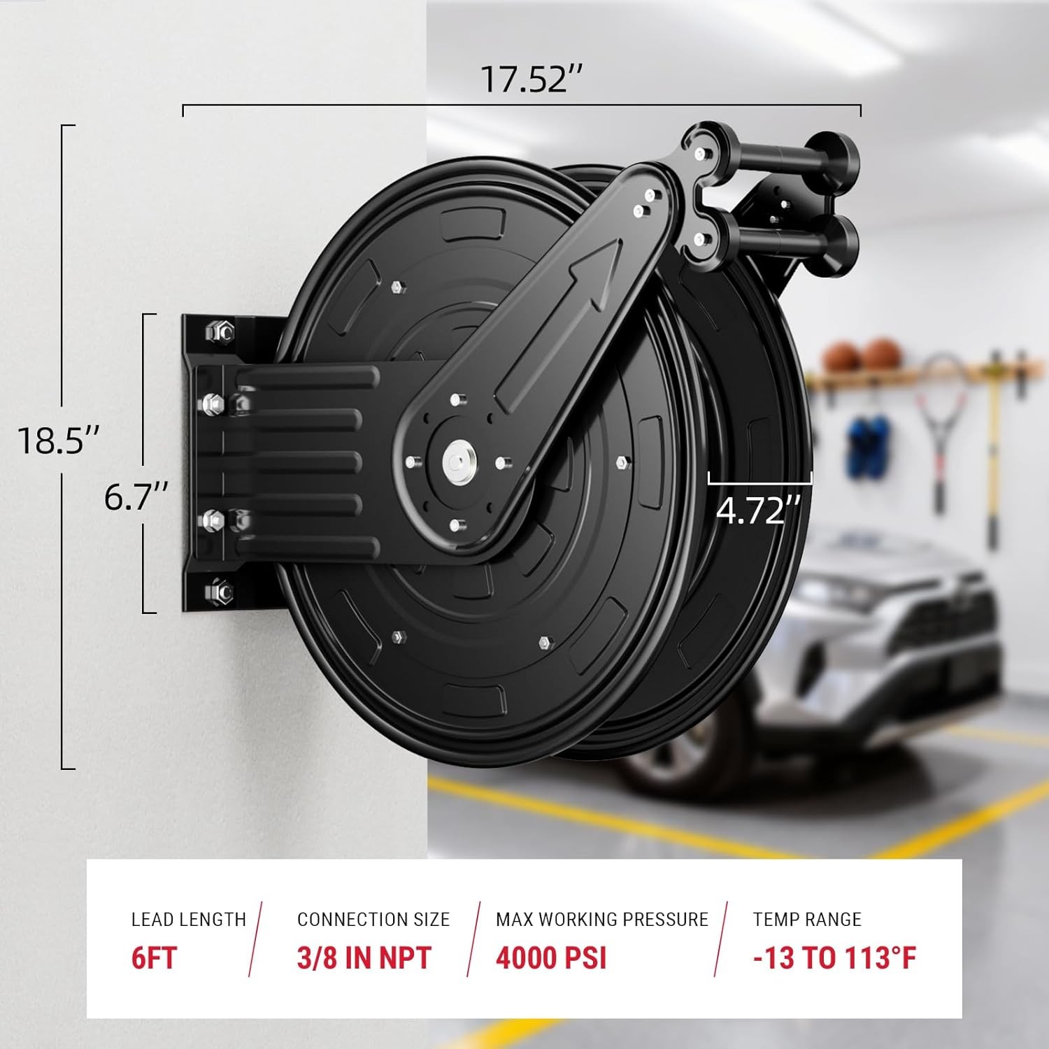 Auto Rewind Hose Reel Pressure Washer 3/8×50 Ft 4000 PSI Steel