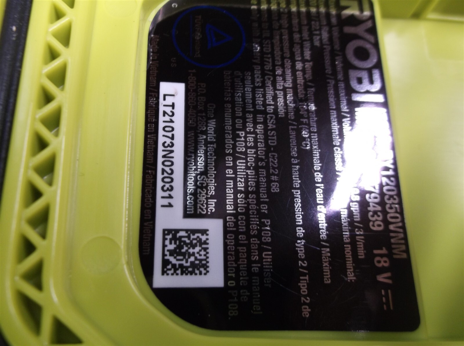 RYOBI RY120350vnm ONE+ 18-Volt 320 PSI 0.8 GPM Cold Water Cordless Power Cleaner
