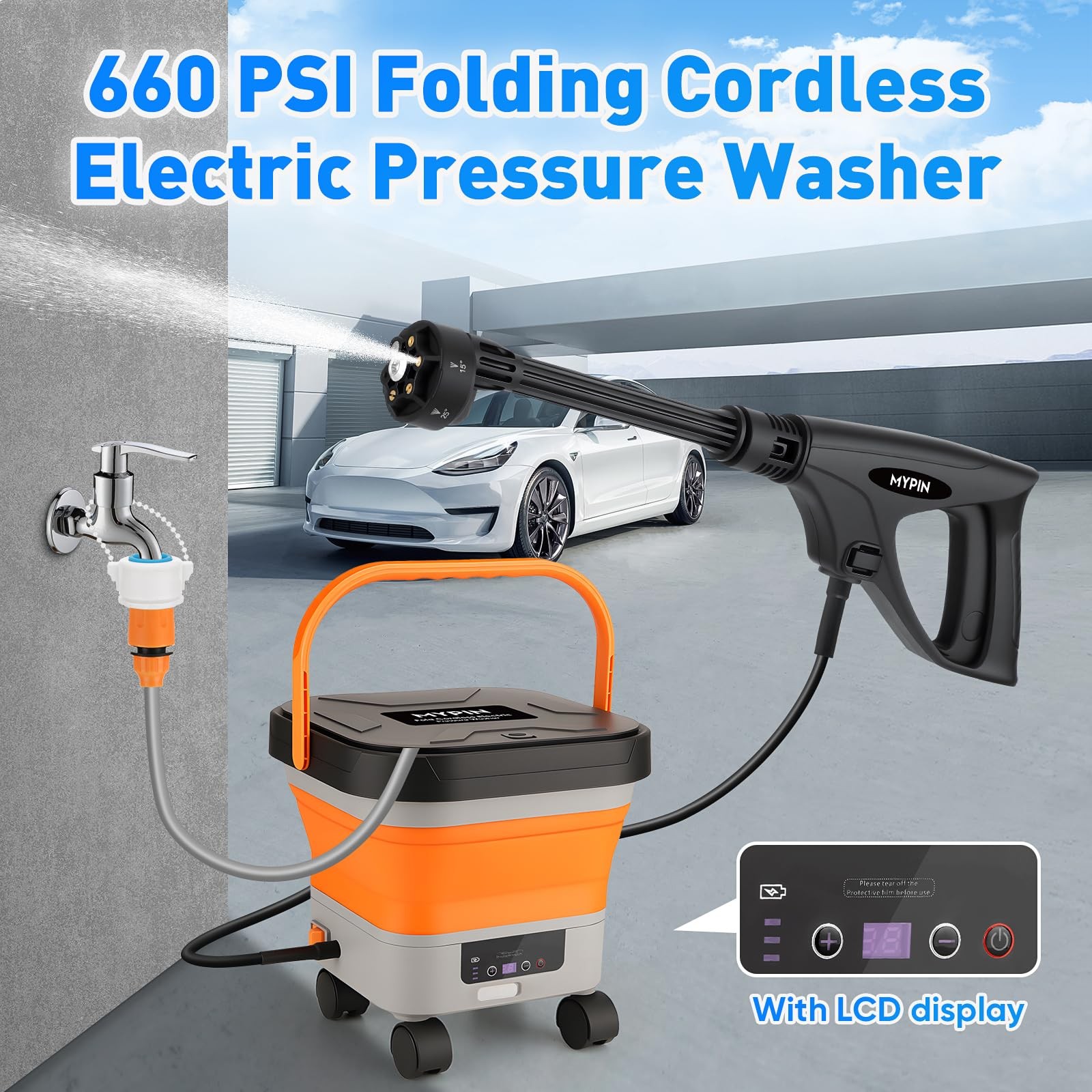 660PSI Portable Cordless Pressure Washer with Folding 3.4Gal Tank, 7M Hose