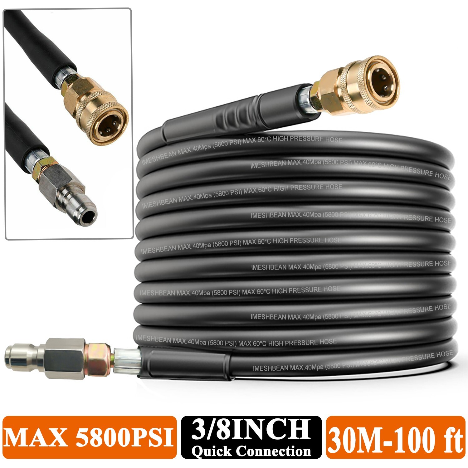 100ft Replacement/Extension Hose w/ 3/8 In QC Connection 5800PSI Pressure Washer