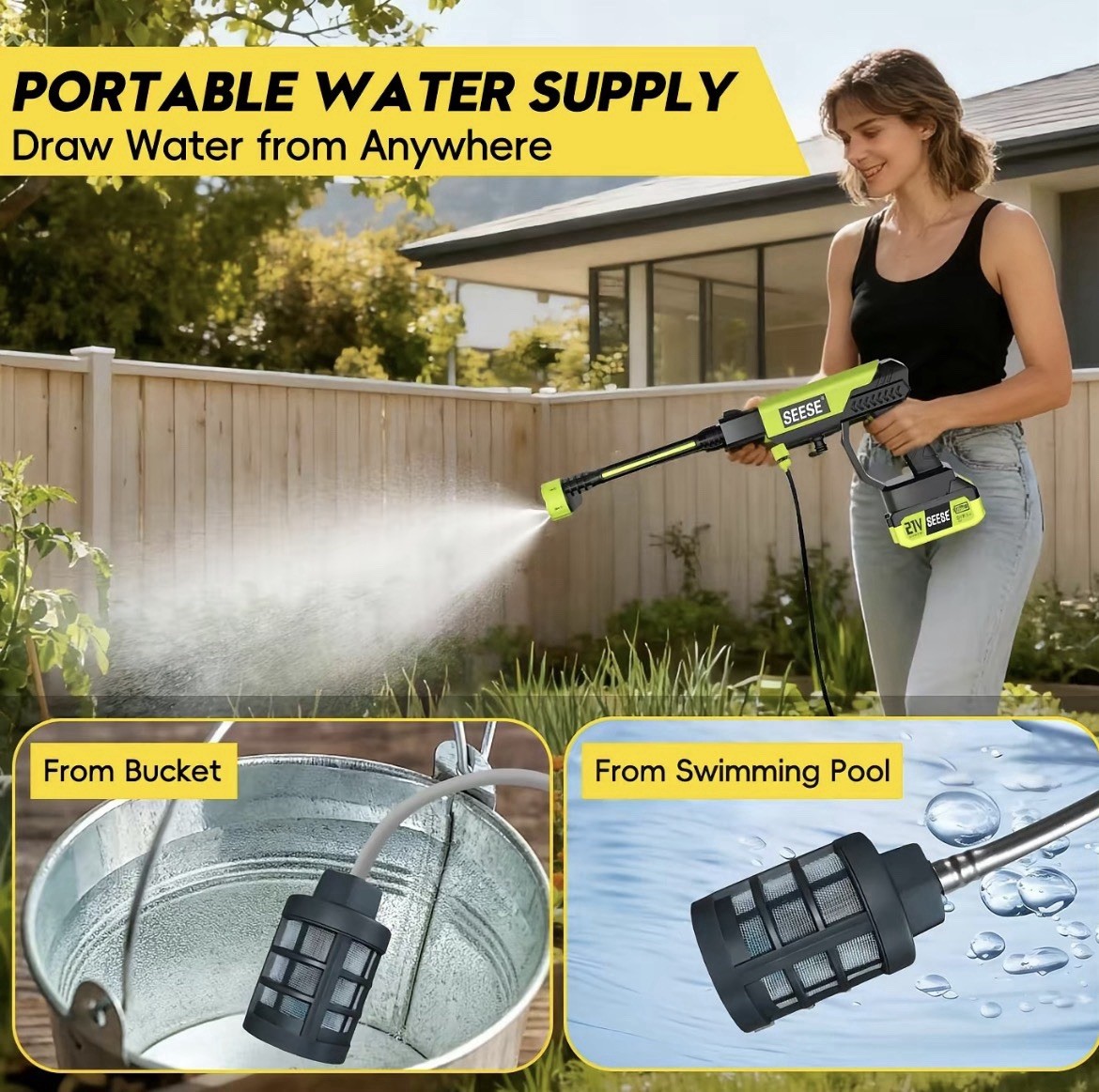 SEESE Cordless Pressure Washer 1000 PSI Portable Power Cleaner w/ Battery Kit