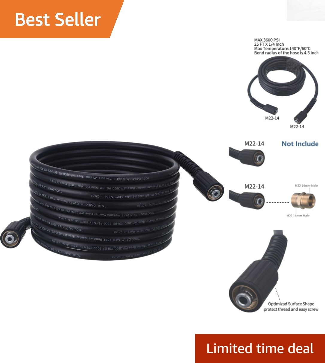Durable 25 FT High Pressure Washer Hose, 3600 PSI, Fits Most Brands – M22 14mm