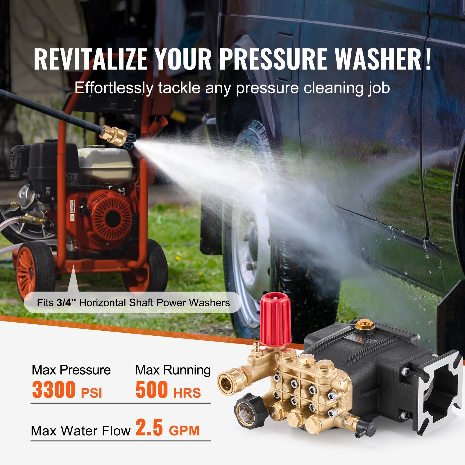 Uimoso Pressure Washer Pump 3/4″Shaft Horizontal Triplex Plunger 3300 PSI 2.5GPM
