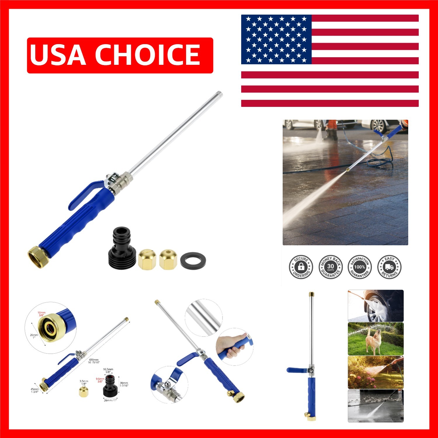 Durable Brass & Stainless Steel Pressure Washer Wand with Adjustable Nozzle Tips