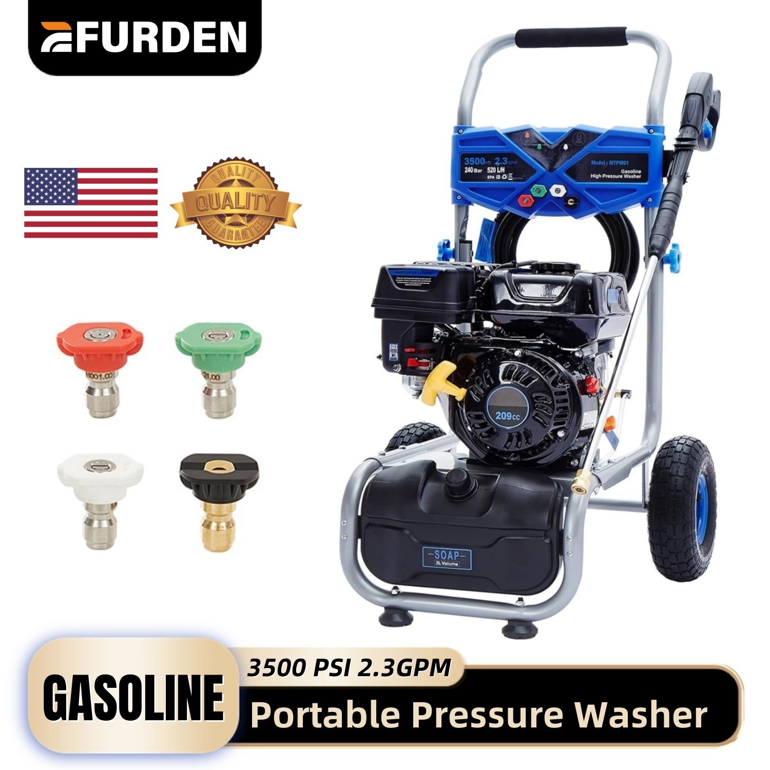 Efurden Gas Pressure Washer 3500PSI 2.3GPM Cold Water Gas Powered Washer 209cc