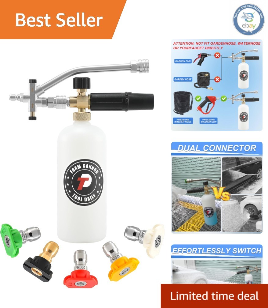 Professional Foam Cannon with 1 Liter Capacity, 5 Nozzle Tips & Dual Connectors