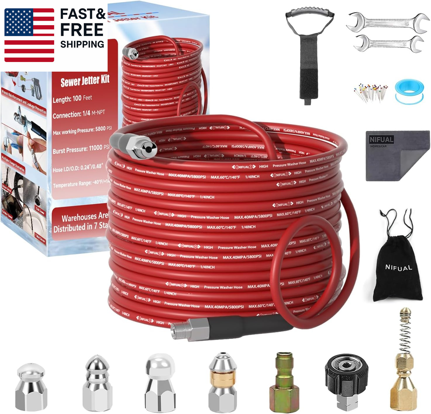 NIFUAL Sewer Jetter Kit for Pressure Washer,100Ft 5800PSI Pressure Drain Cleaner
