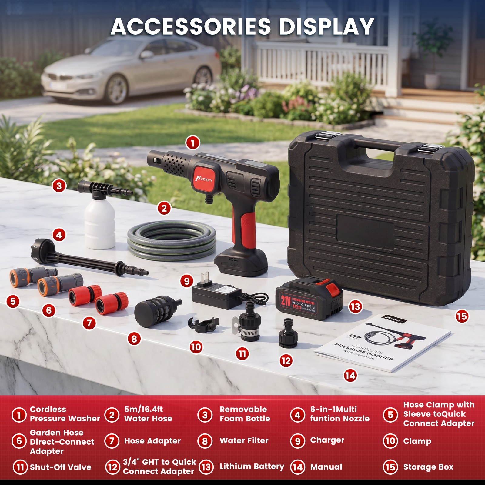 Cordless Pressure Washer 140Bar Power Washer with 7-in-1 Nozzle W/ 2 Battery