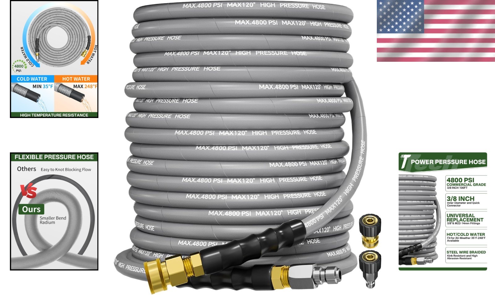 Commercial-Grade 100FT High Pressure Washer Hose with Quick Connect – 4800PSI