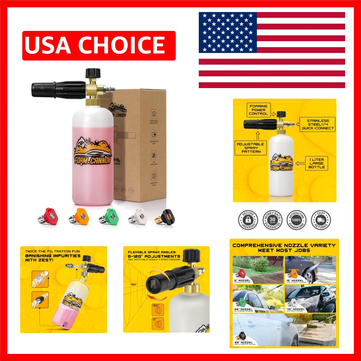 1L Snow Foam Cannon Kit with 5 Nozzle Tips for Ultimate Vehicle Care