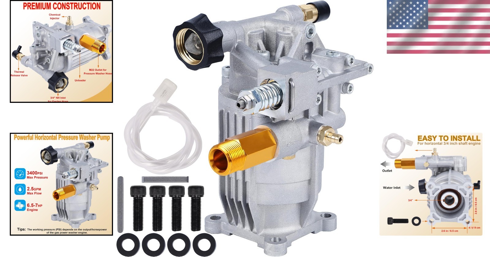 Replacement 3400 PSI Aluminum Pressure Washer Pump for Gas Washers, Easy Install
