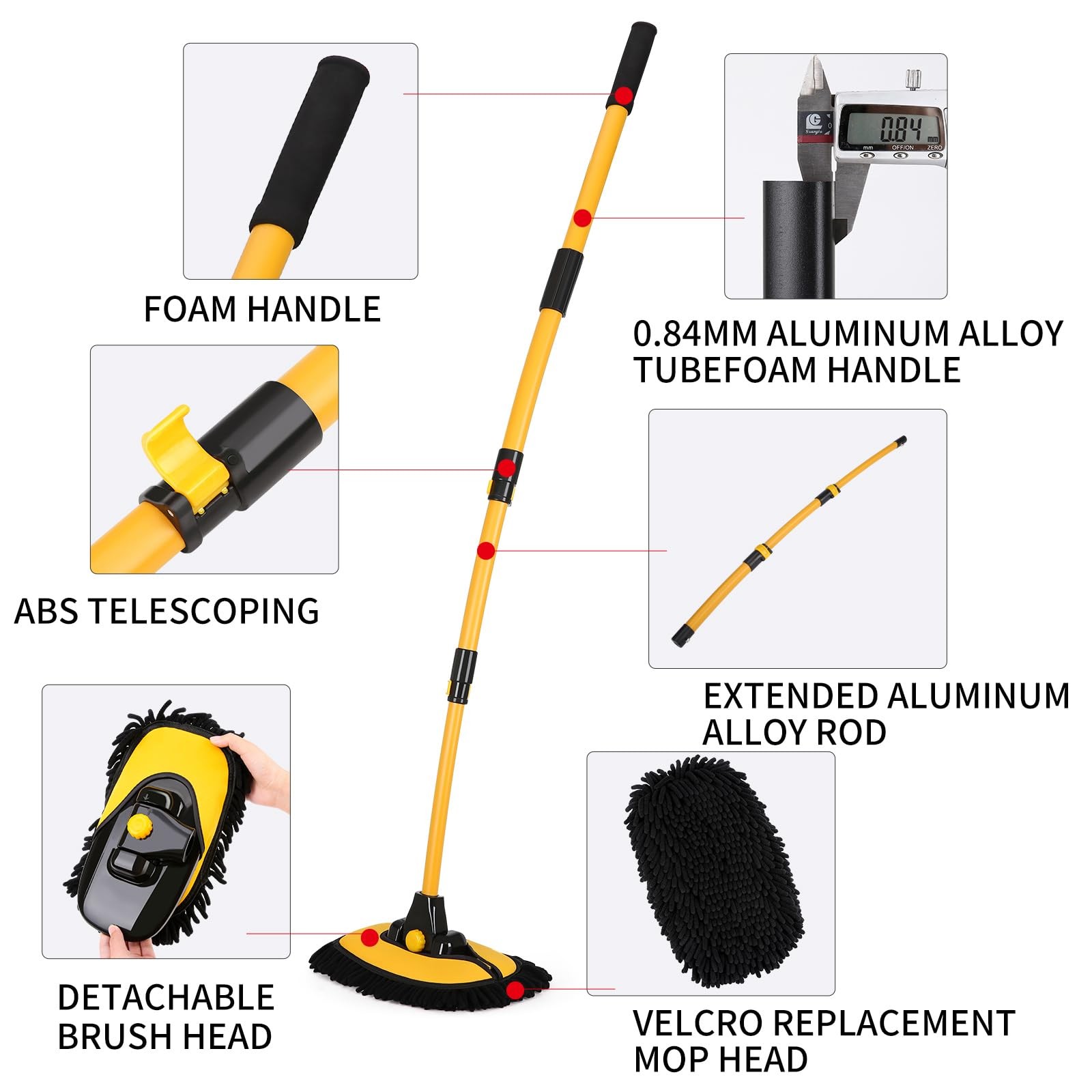 NEZENO 57” Car Wash Brush with Long Handle 23.2 to 43.3 inches, Yellow