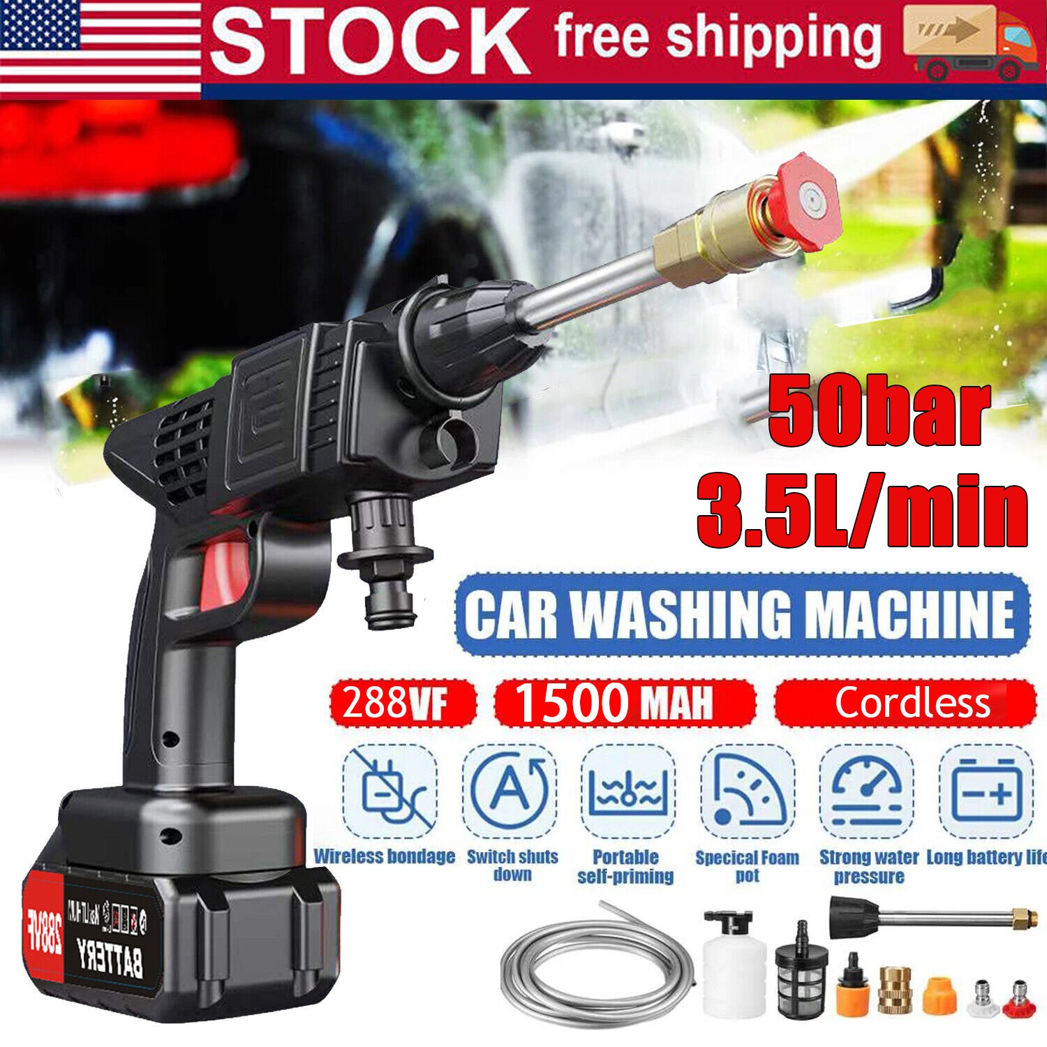 High Pressure Car Power Washer Gun Spray Wand Lance Nozzle and Hose Kit+2 Batter