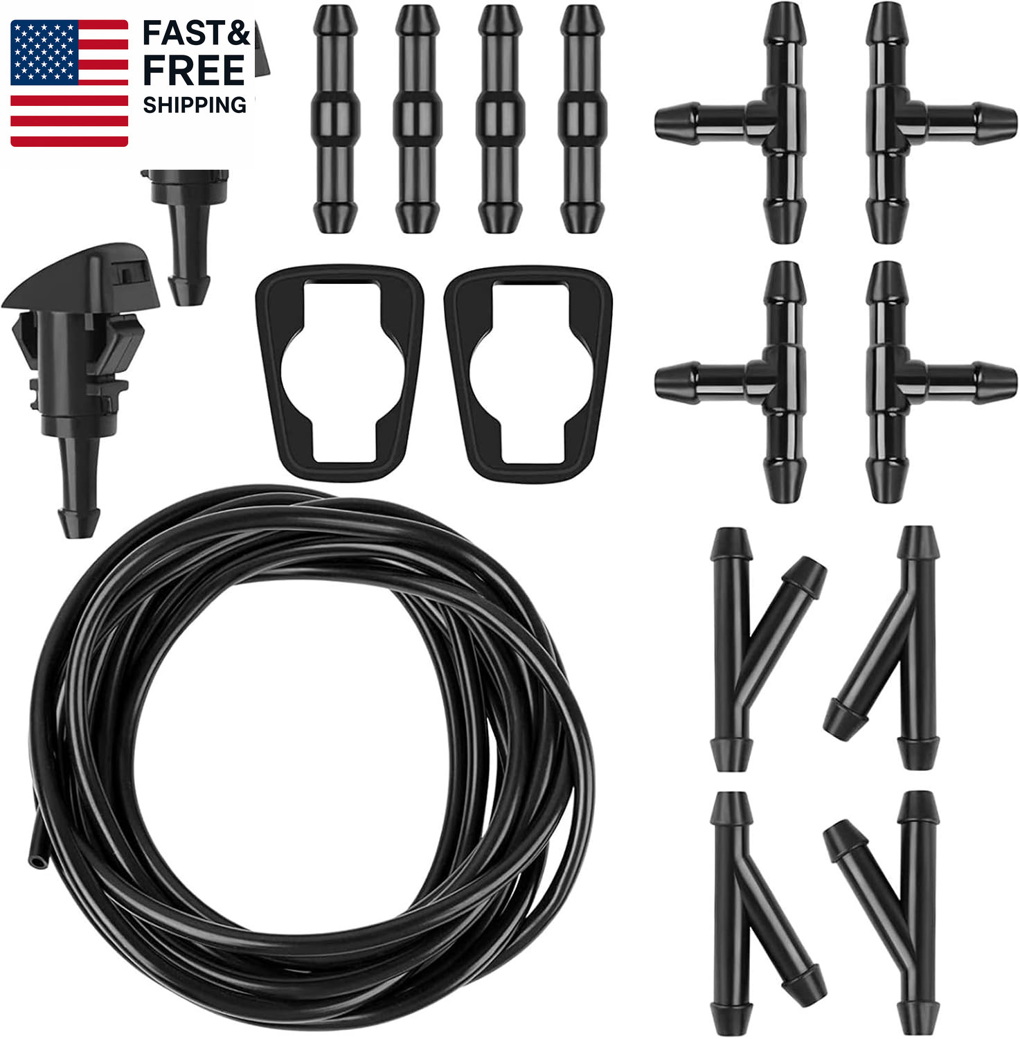 Windshield Washer Hose Kit, 5M Washer Fluid Hose with 12 Pcs Connectors, 2 Fan N