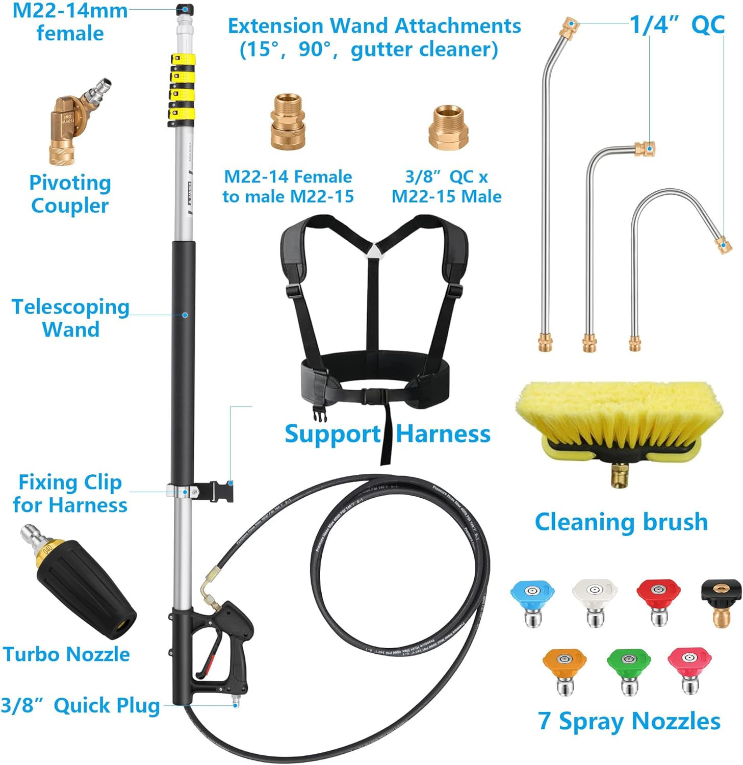 24 FT Telescoping Pressure Washer Wand Extension with Brush Head | Aluminum Powe