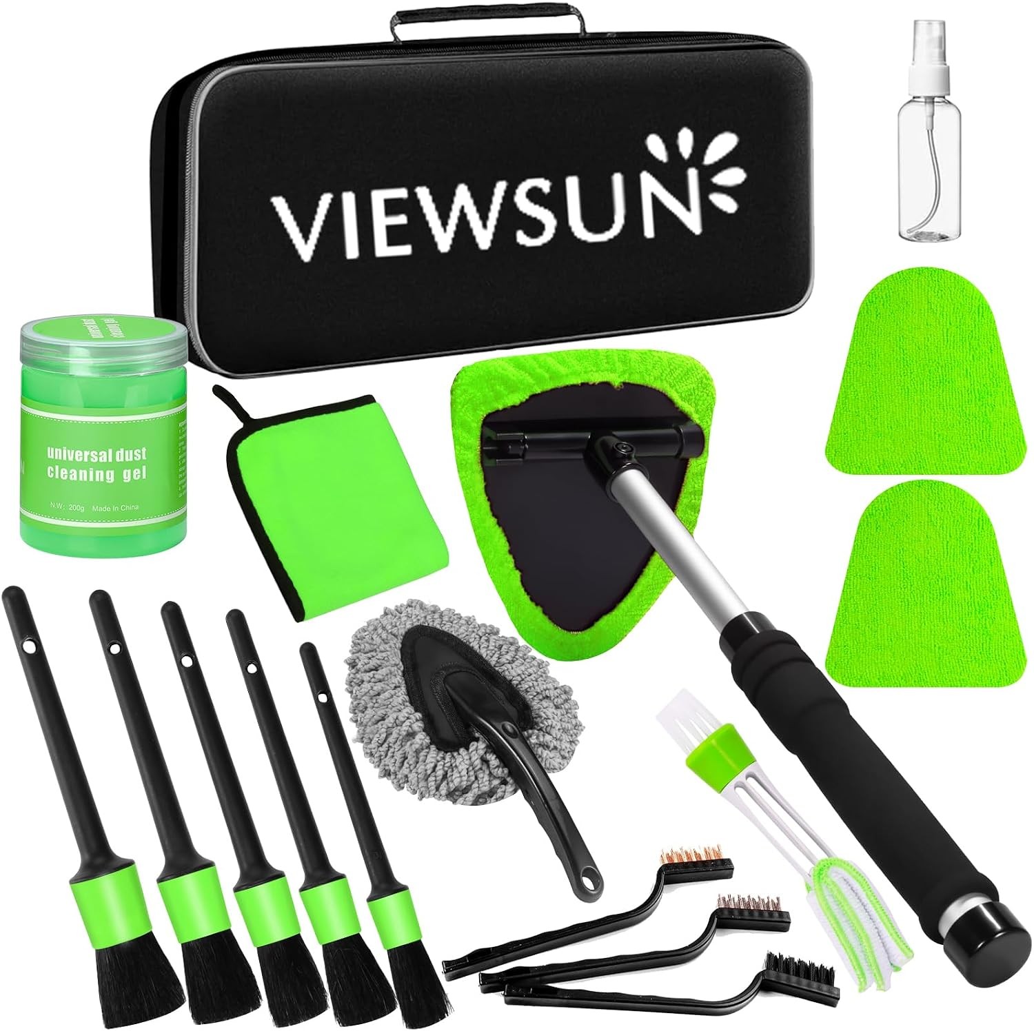 Green Windshield Cleaner Tool, 17Pcs Car Interior Cleaning Kit, Detailing Kit In
