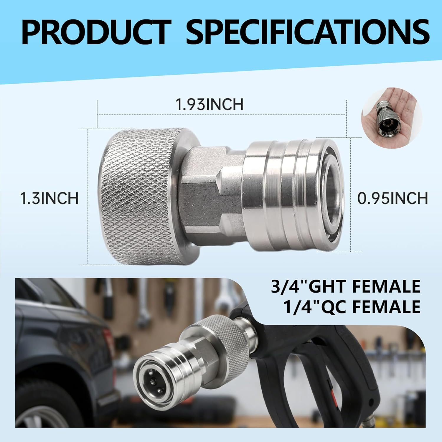 Garden Hose Pressure Washer Adapter, 3/4″ GHT to 1/4″ Stainless Steel Quick C…