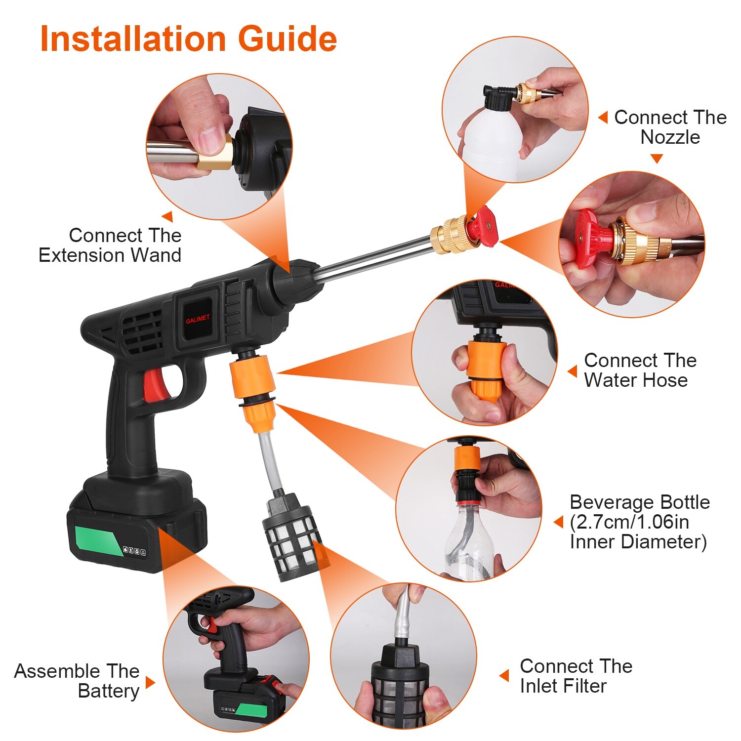 12000mAh Cordless High Pressure Car Washing Gun Pressure Washer Gun w/ 2 Nozzles