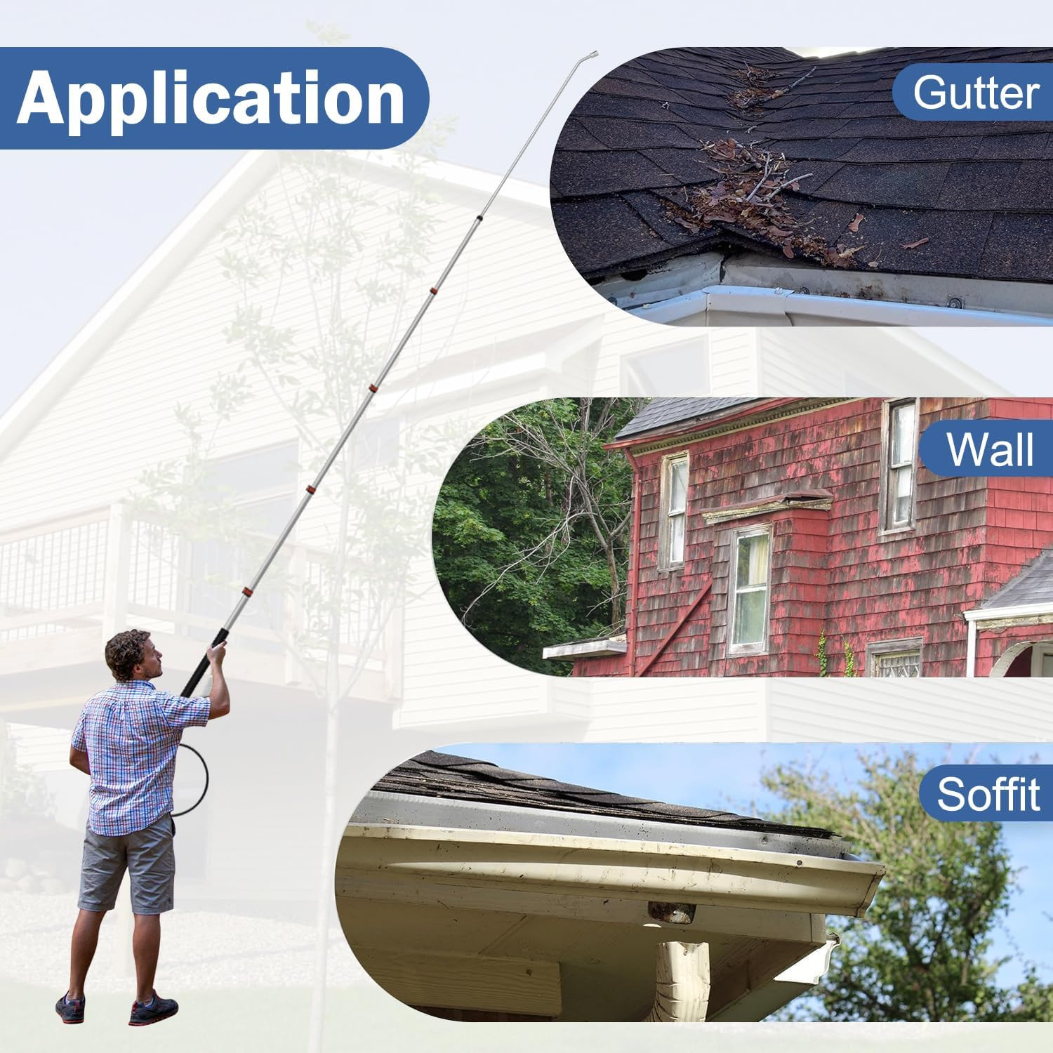 24FT Telescoping Pressure Washer Wand Kit – 2 Extension Poles, Gutter Cleaner, B
