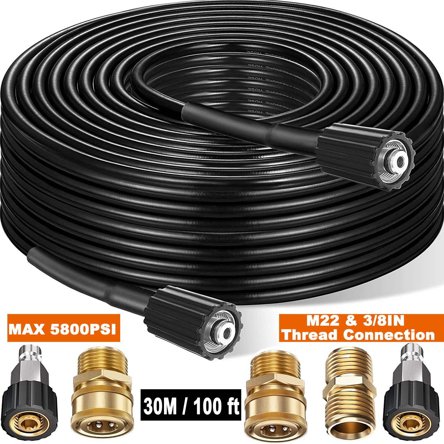 100FTxM22 to 3/8″ 5800 MAX PSI Pressure Washer Replacement Extension Hose 1/4″