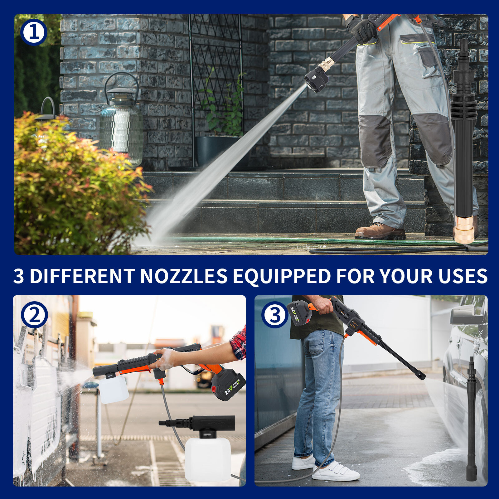 Cordless Pressure Washer Gun 3 Water Supply 2 Batteries 800PSI 6 in 1 Nozzle