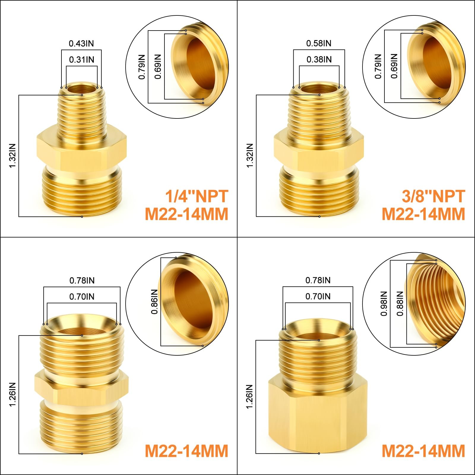 4 PCS Brass M22 Pressure Washer Fitting Kit Connect Power Washer Guns