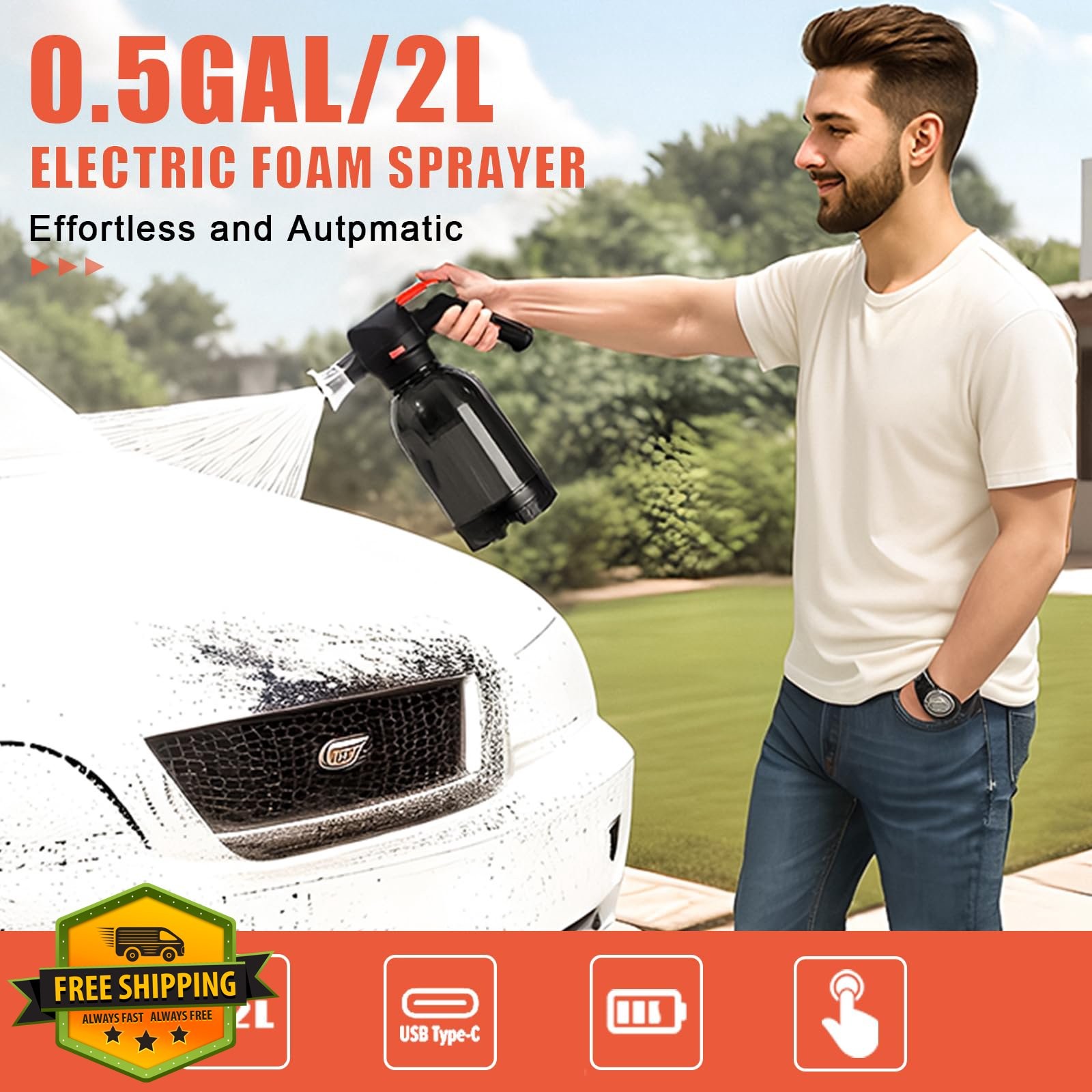 DMYNI Cordless Foam Sprayer 2L Foam Cannon 130 PSI USB Rechargeable Car Wash