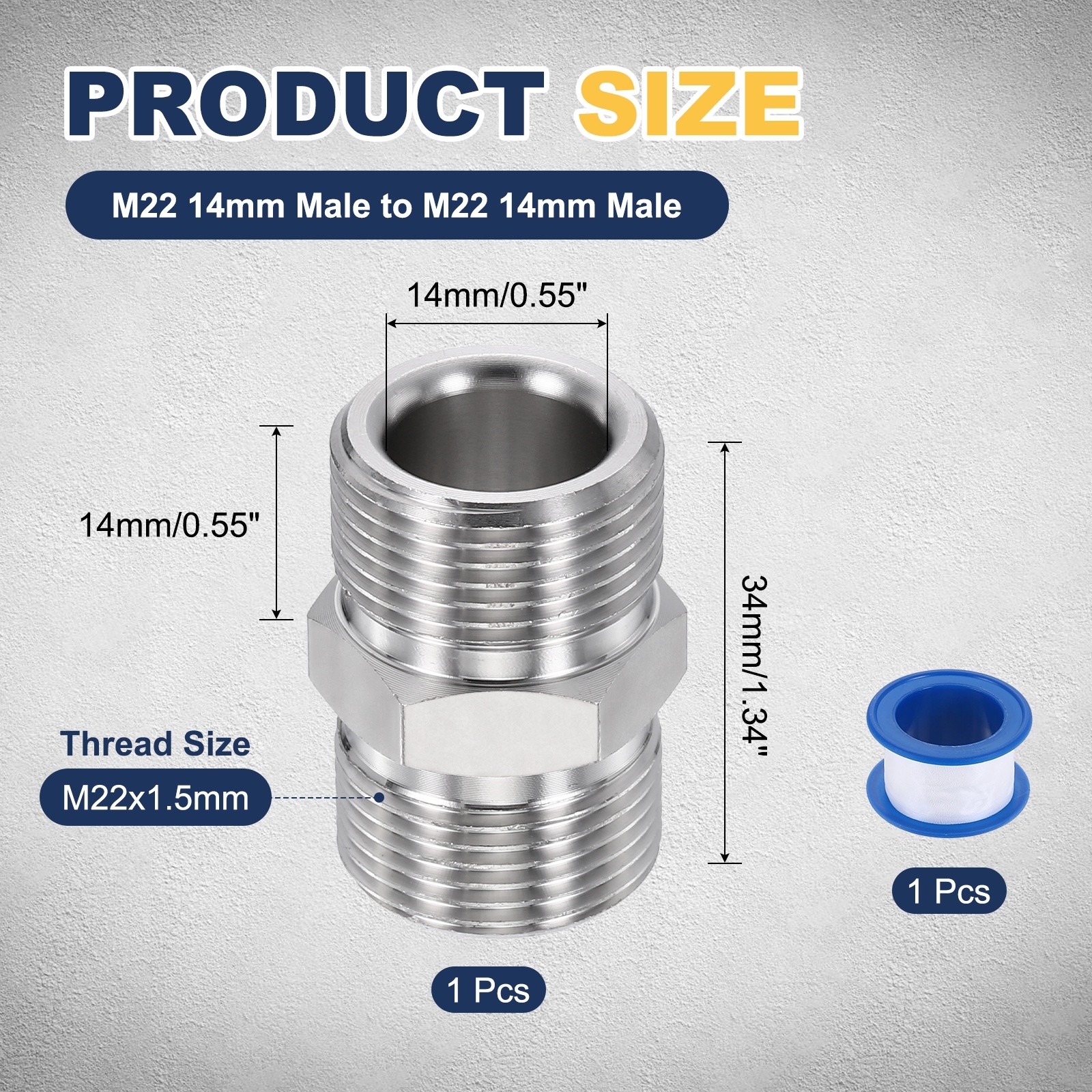 M22 14mm Male to M22 14mm Male Steel Fittings Pressure Washer Adapter with Tape